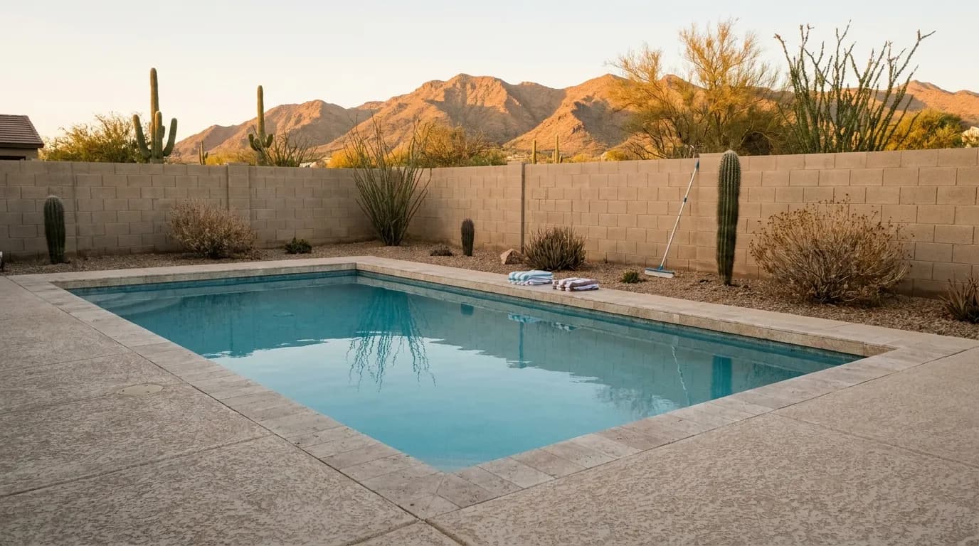 Clean, well-maintained backyard pool at golden hour in Fountain Hills, Arizona