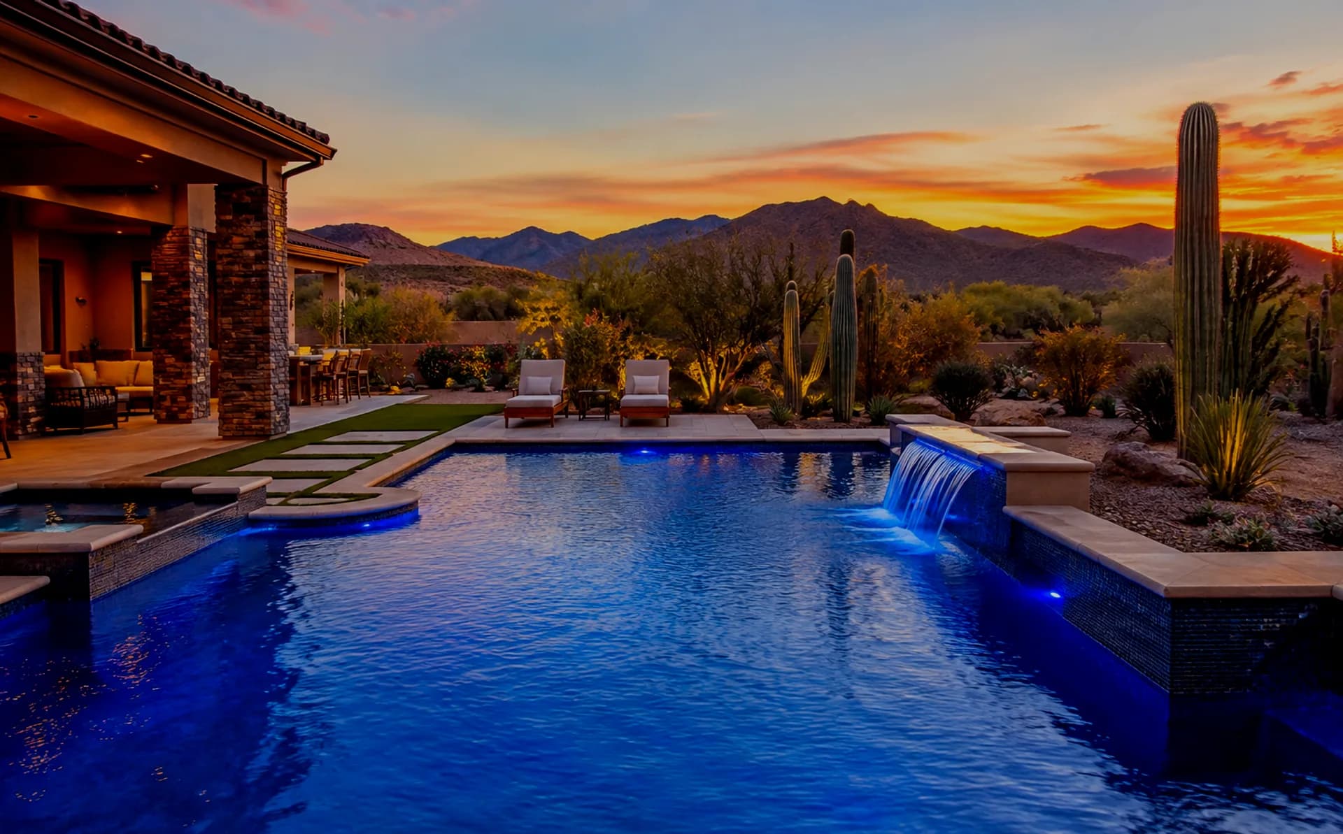 Desert sunset over a residential pool in Fountain Hills, Arizona