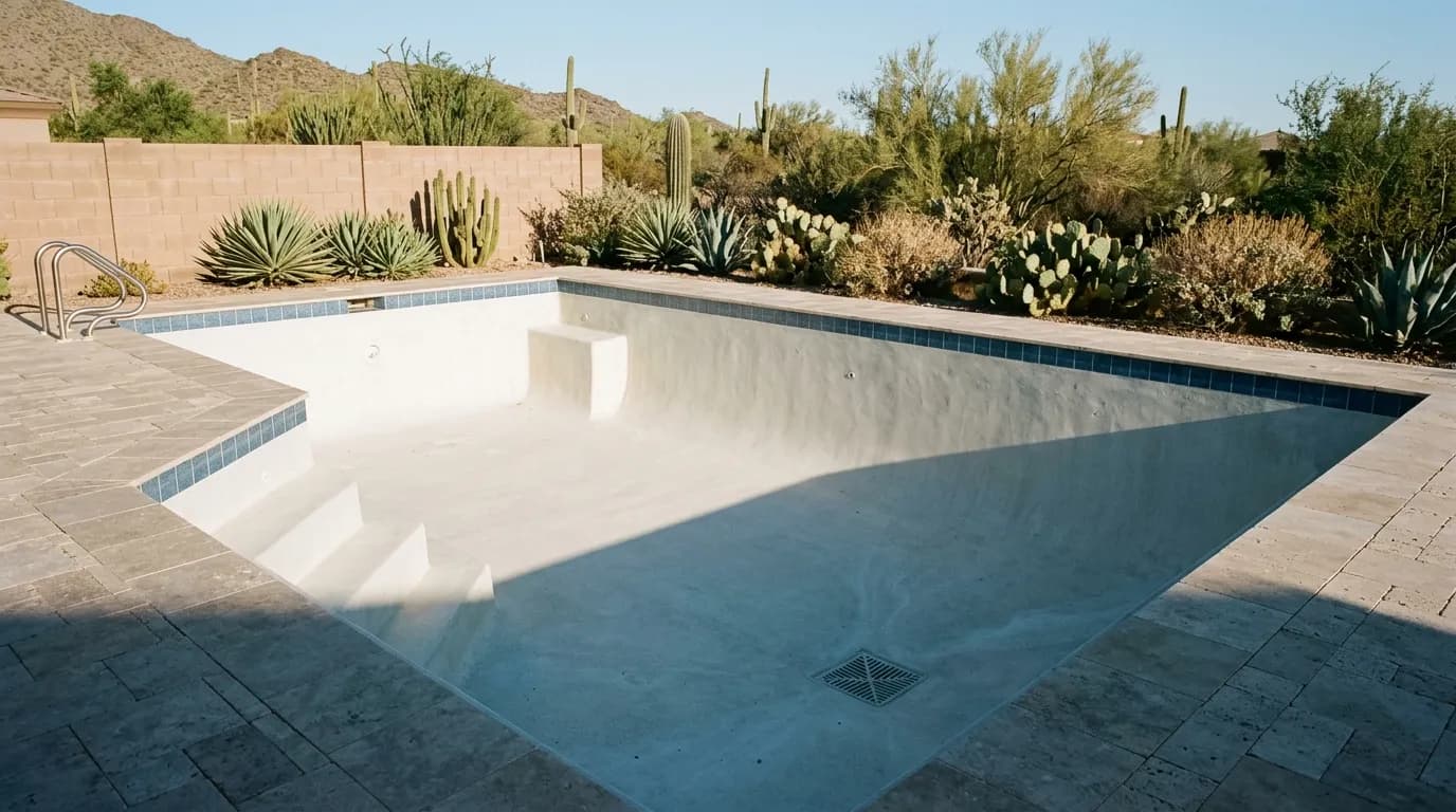 Arizona swimming pool drained empty after an acid wash, showing clean pale plaster, the steps and the main drain