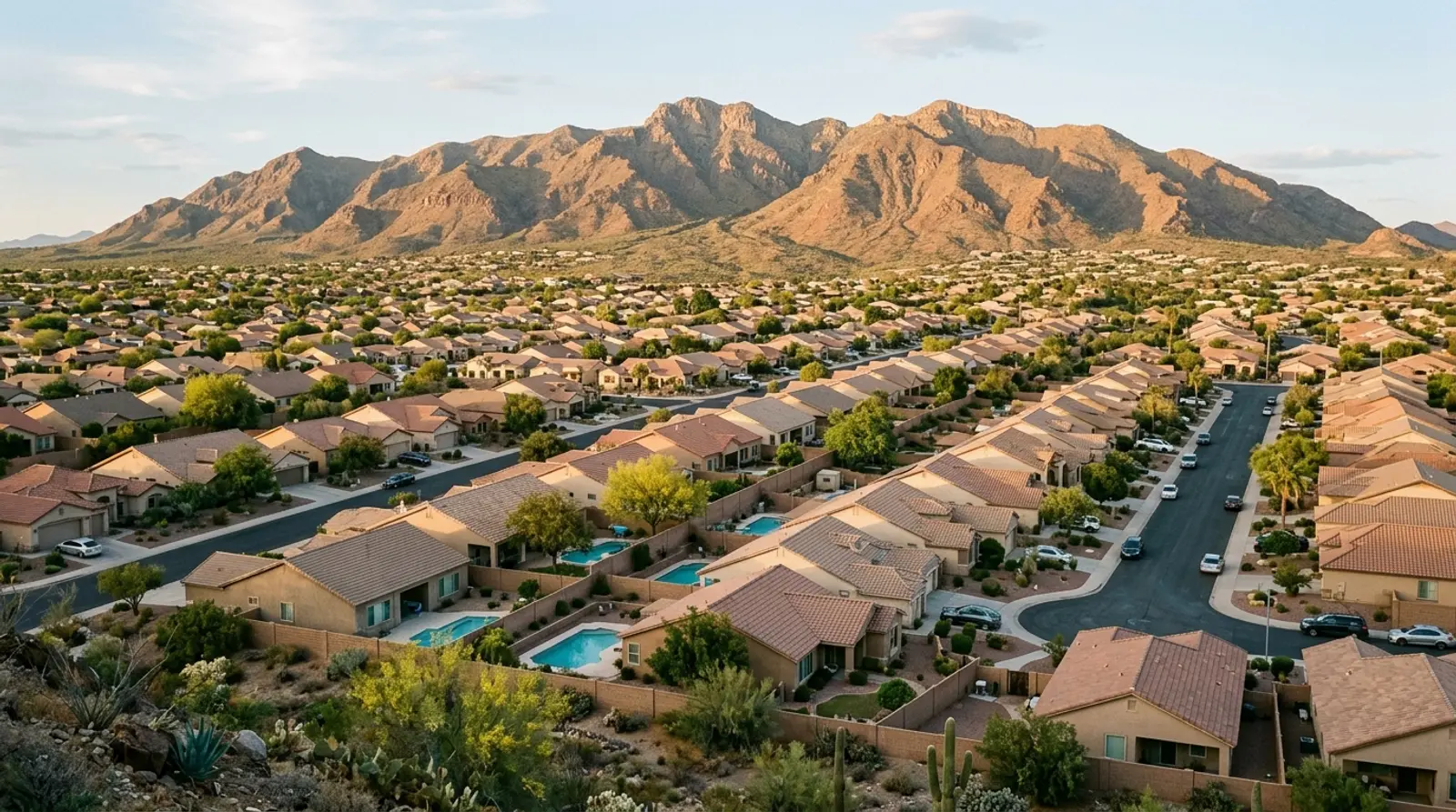 Fountain Hills, Arizona neighbourhood of walled backyards and pools below the McDowell Mountains