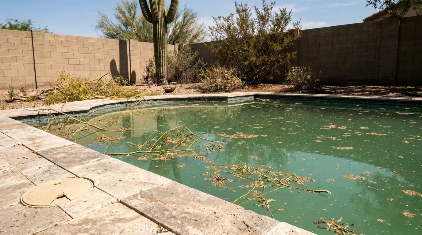 Algae-green residential pool in Arizona before Sapphire Pools green-to-clean recovery
