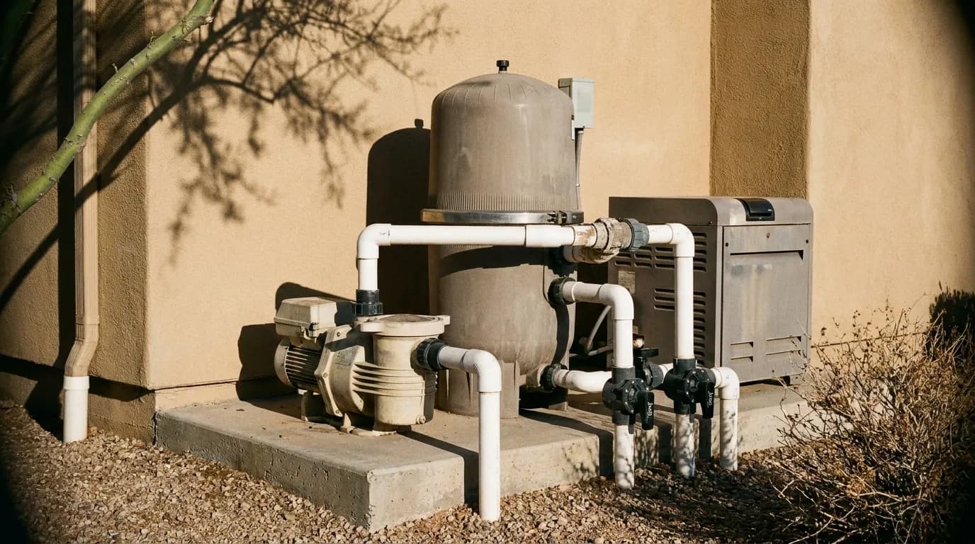 Residential pool equipment pad in Arizona — pump, cartridge filter and heater