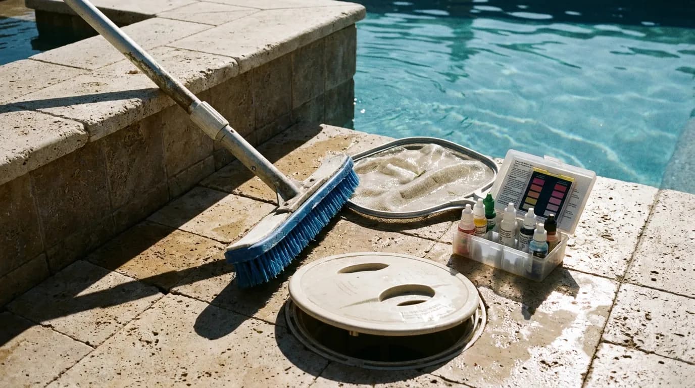 Pool brush, skimmer net and water test kit on the deck of an Arizona pool
